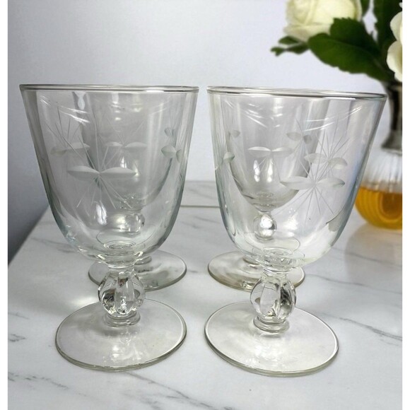 Vintage Libbey Water Goblets Starglow Pattern Etched Clear Glass  5.5” Set Of 4 - Picture 1 of 8